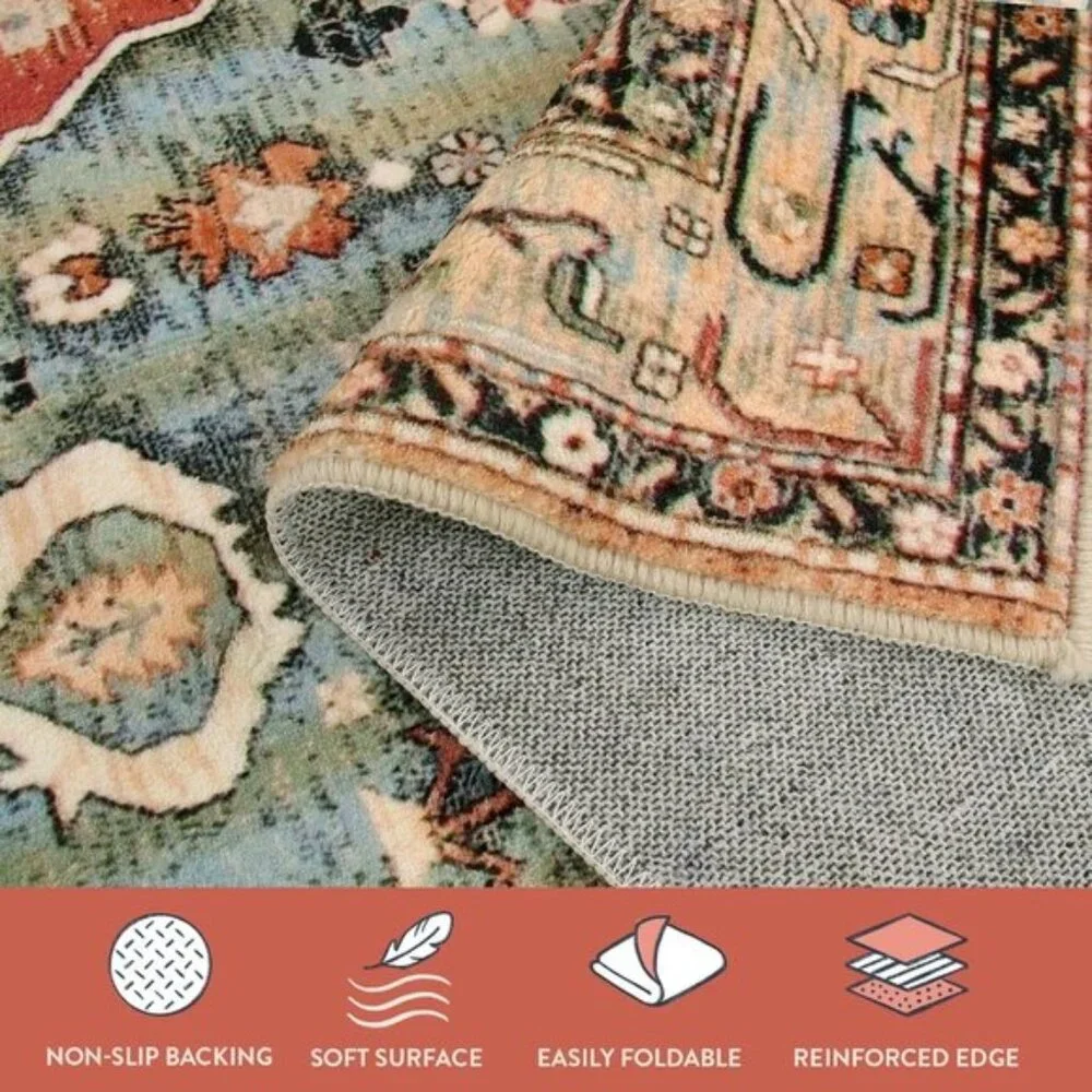 5x7 Boho Tribal Rug, Washable Distressed Rust/Teal Carpet for Living & Dining